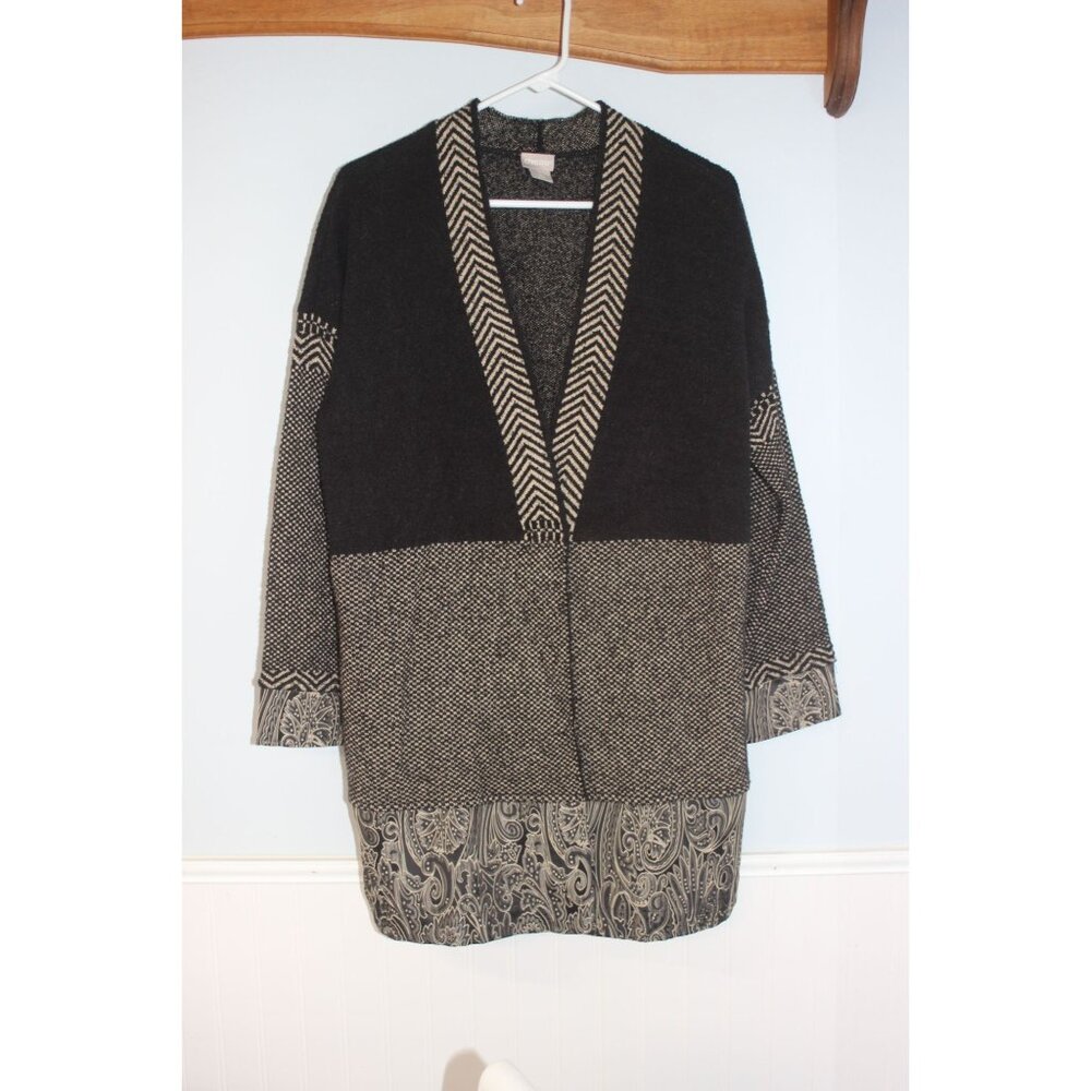 Chicos Mixed Pattern Open Front Cardigan Sweater Size 2 Black & Beige Paisley De